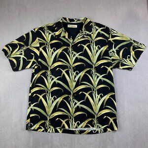 Tommy Bahama Mens Silk Camp Shirt Large Black Green Foliage Button Up Leaves